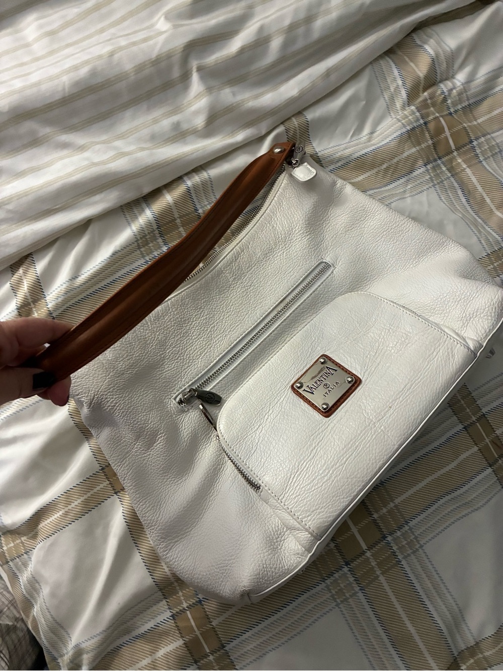 Valentina White Leather Shoulder Bag with Tan Handle